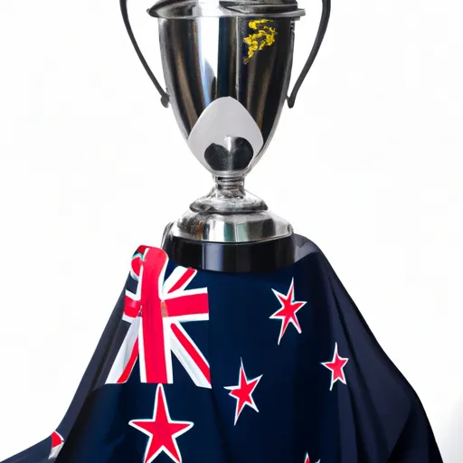 "Rugby World Cup trophy with New Zealand's flag draped over it"