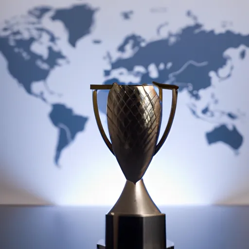 "Rugby World Cup trophy with a world map in the background"