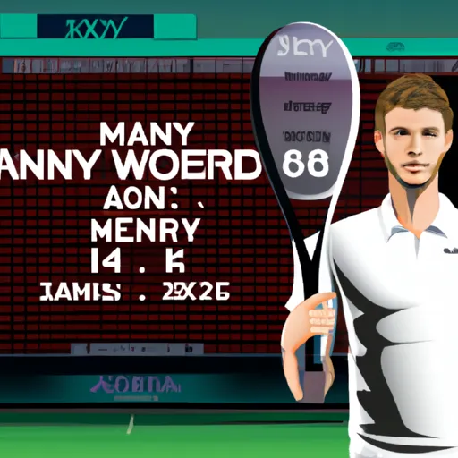 "Andy Murray standing next to a giant tennis racket with the world ranking scoreboard in the background."