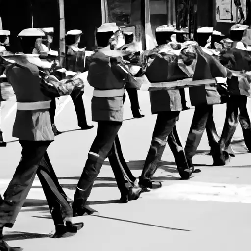 A black and white photo of soldiers in uniform marching in the streets