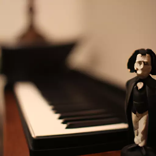 A photo of Beethoven standing by a piano