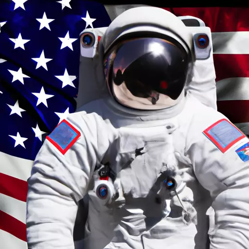 A photo of an astronaut in a space suite with the American flag in the background