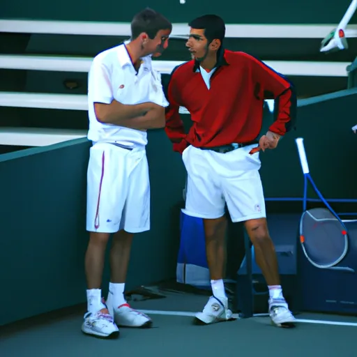 "Novak Djokovic and his coach discussing strategy in a tennis court"