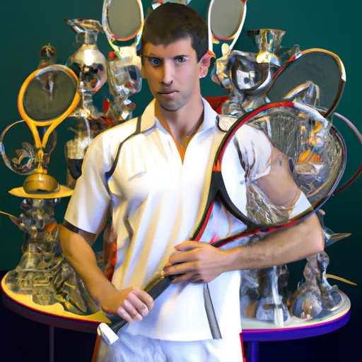 "Novak Djokovic holding a tennis racket with a collection of trophies in the background"