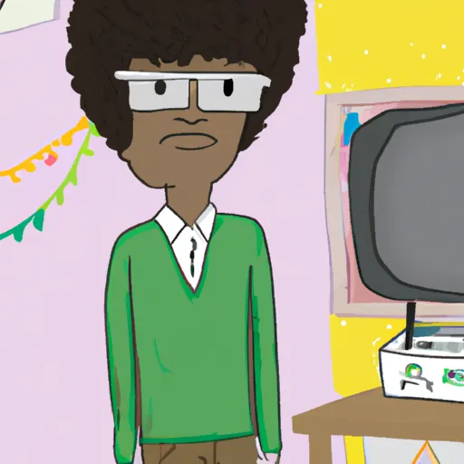 "Cartoon version of Richard Ayoade in a TV show set"