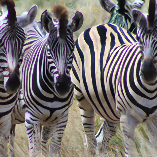 A picture of a herd of animals in a grassland with distinct black and white stripes