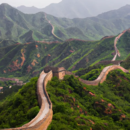 A picture of a section of the Great Wall winding through mountainous terrain