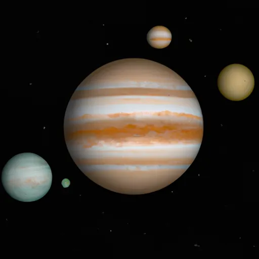 A picture of the planet Jupiter with its moons