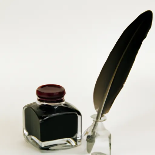 A picture of a quill pen and ink bottle