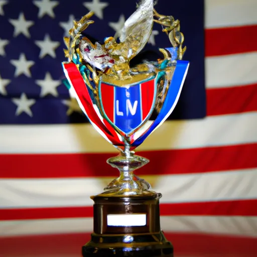 "Premier League trophy with an American flag in the background"