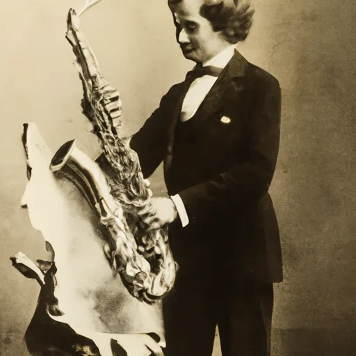 "Young Adolphe Sax holding a prototype of a saxophone"