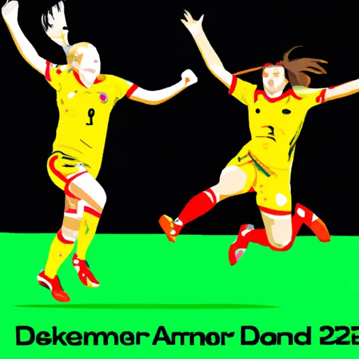 "A stylized illustration of a celebratory moment from the Women's World Cup 2023 last 16 match between Australia and Denmark"