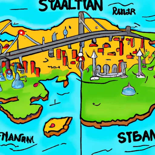 "A cartoon image of Istanbul showing it straddling the border between Europe and Asia"