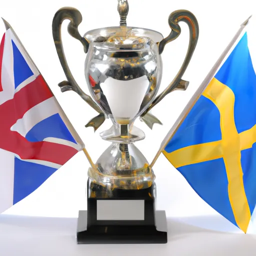 "A trophy depicting the Calcutta Cup in between the flags of England and Scotland"