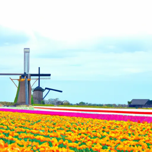 A picture of colorful tulip fields and windmills