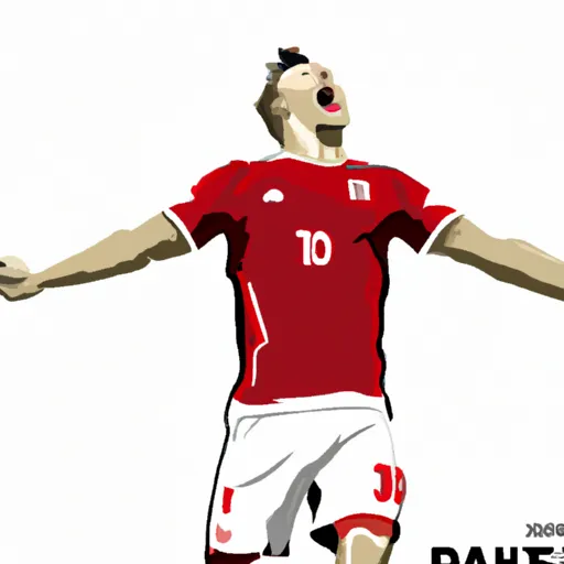 "A soccer player from Denmark celebrating after scoring a goal in Euro 2020 semi-final against England"