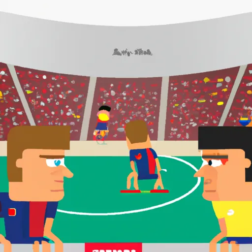 "Arsenal and Barcelona players in a dramatic football match in a packed stadium"