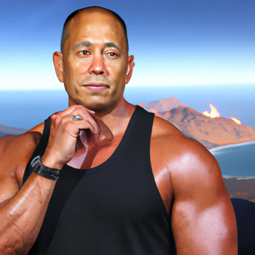 "Dwayne Johnson looking concerned with a backdrop of Maui wildfires"