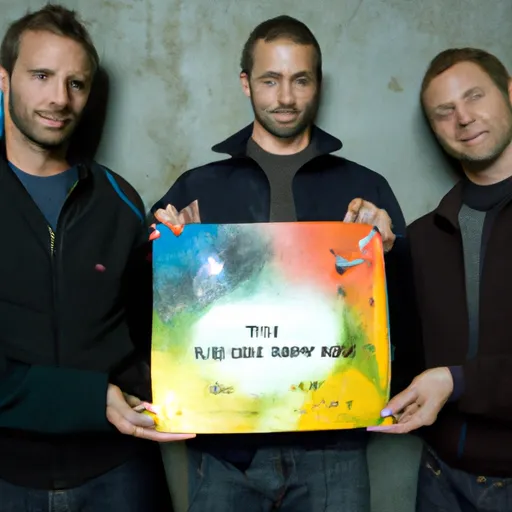 "Coldplay band members holding their latest album"