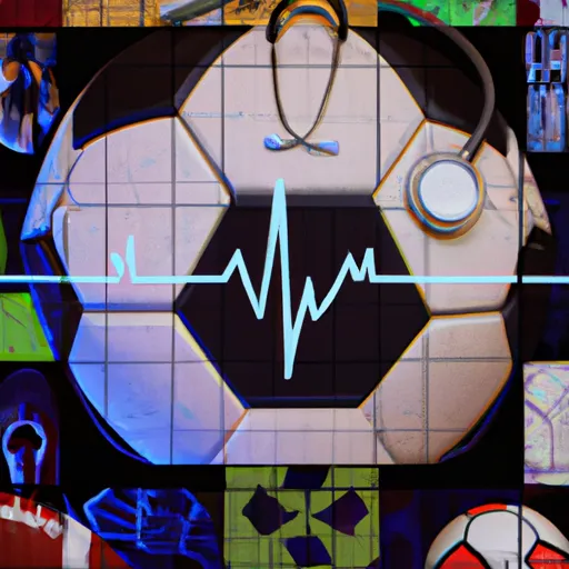 "A collage of different college sports like basketball, football, and soccer, intertwined with medical symbols such as a stethoscope and heart monitor"