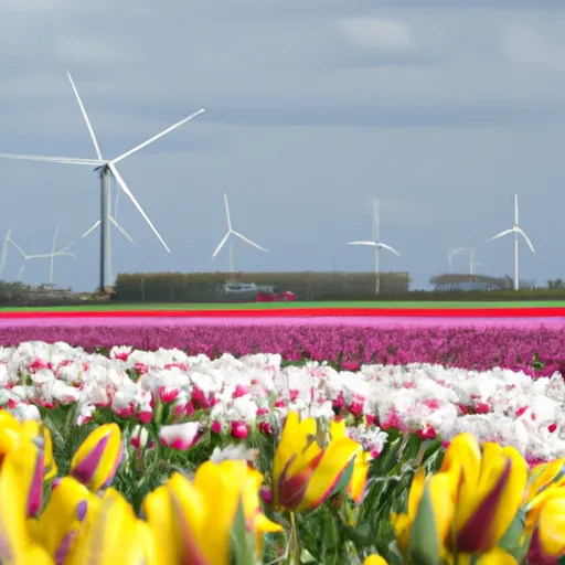 A picture of colorful tulip fields with windmills in the background