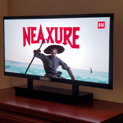 "A modern television on a stand displaying the Netflix logo and a live-action One Piece scene"