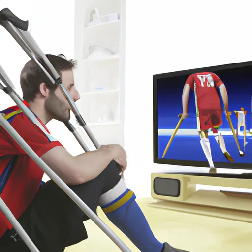 "Arsenal football player in crutches watching match against Barcelona on television"