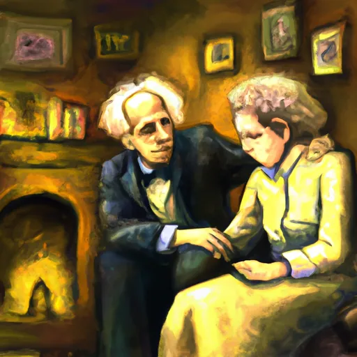 "Albert Einstein comforting Marie Curie in a historical setting"