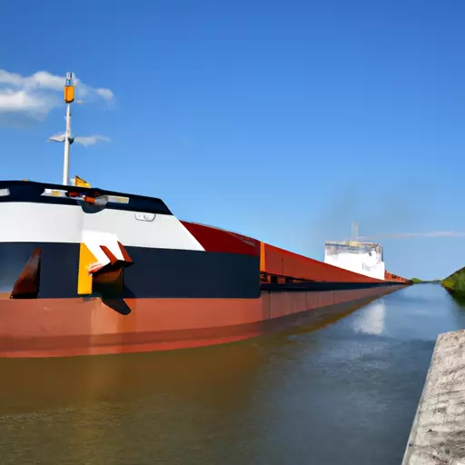 A picture of a cargo ship at the entrance to a canal