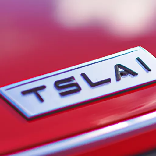 A picture of a red sports car with a Tesla badge