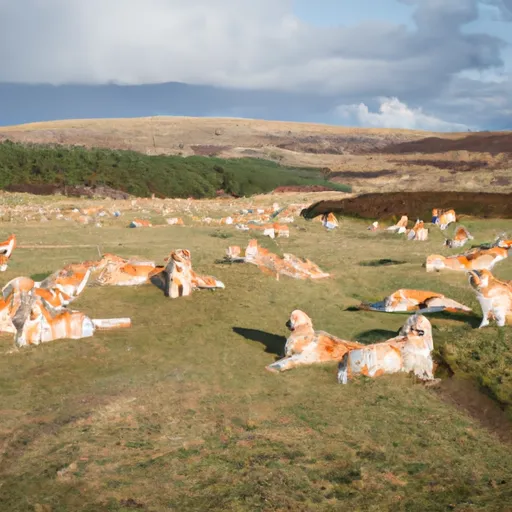 Hundreds of Golden Retrievers gathered in a Scottish landscape