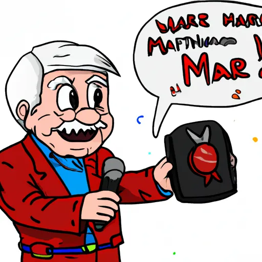 "Charles Martinet as Mario with a microphone and a retirement card"