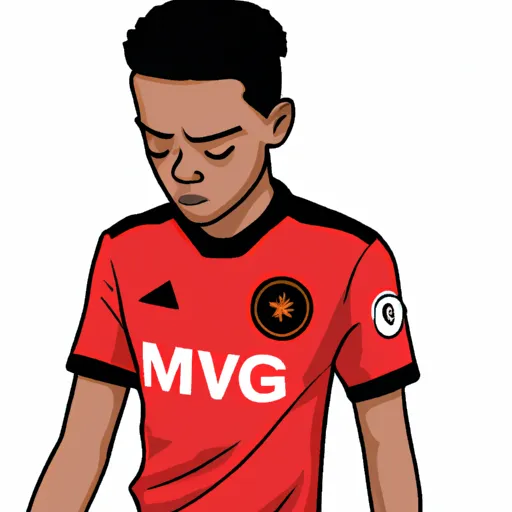 "Mason Greenwood walking away from a Manchester United logo with a sad expression"