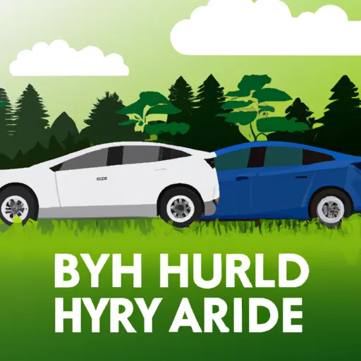 "A hybrid and an electric car with a green nature background highlighting environmental benefits"