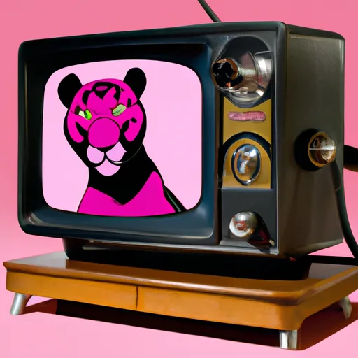 "Vintage television with Pink Panther cartoon playing on screen"