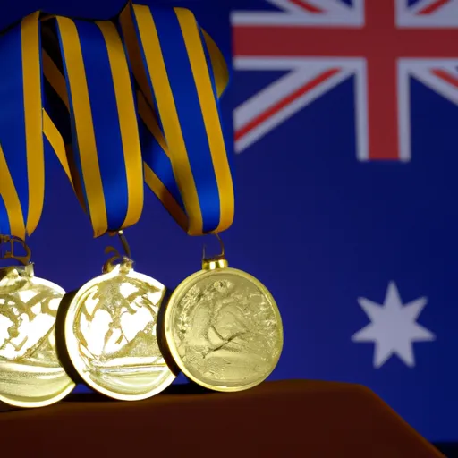 "A podium of gold medals representing the Commonwealth Games with Australia's flag in the background"