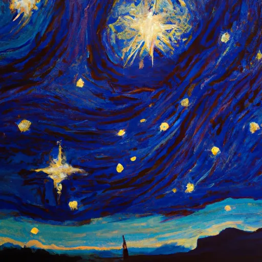 A picture of a famous painting featuring a starry night sky