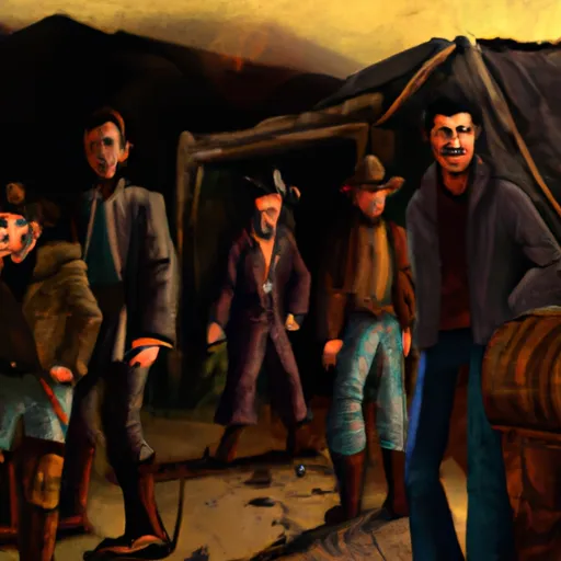 "An illustrated image of the gang from Red Dead Redemption 2 in a rustic Wild West setting"