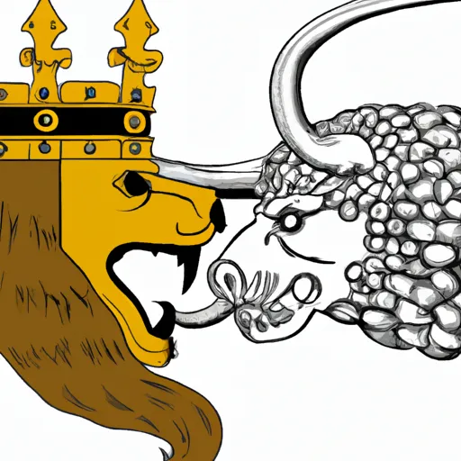 "Tug of war between a stylized English lion and Danish viking helmet"