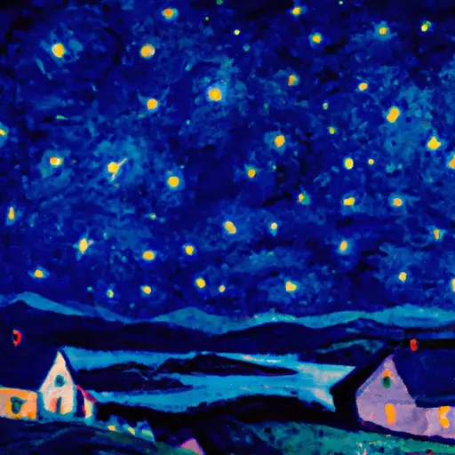 A picture of a painting of a starry night sky with a village