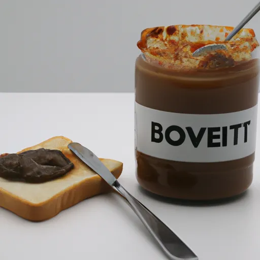 "A jar of Bovril beef paste with a piece of toast spread with Bovril next to it"