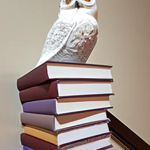 "Harry Potter's snowy owl sitting on a stack of books"