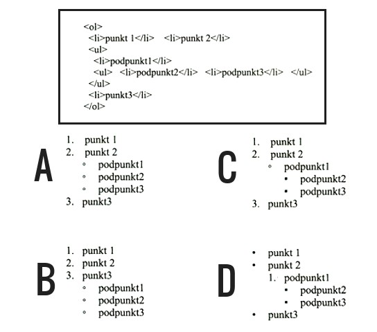 Ilustracja do pytania 208: Poniżej przedstawiono fragment kodu języka HTML. Jest on definicją listy: