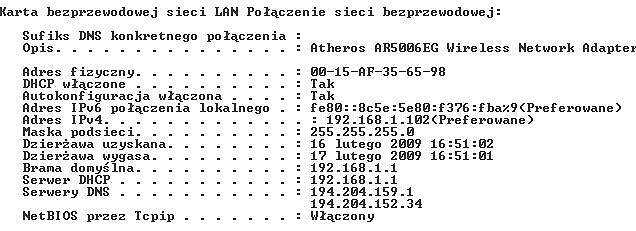 Ilustracja do pytania 656: Przedstawiono wynik uzyskany po uruchomieniu w systemie Windows polecenia IPCON…