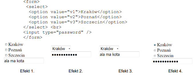 Ilustracja do pytania 618: W języku HTML zapisano formularz. Który z efektów działania kodu będzie wyświet…