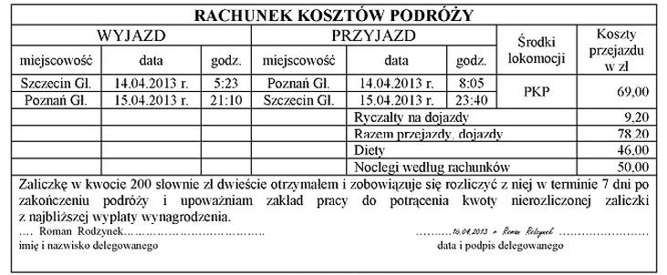 Ilustracja do pytania 107: Na podstawie Rachunku kosztów podróży można stwierdzić, że w wyniku rozliczenia…