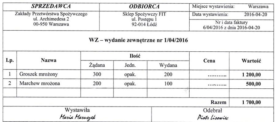 Ilustracja do pytania 1296: Oblicz ceny produktów gotowych w dokumencie Wz - wydanie zewnętrzne.