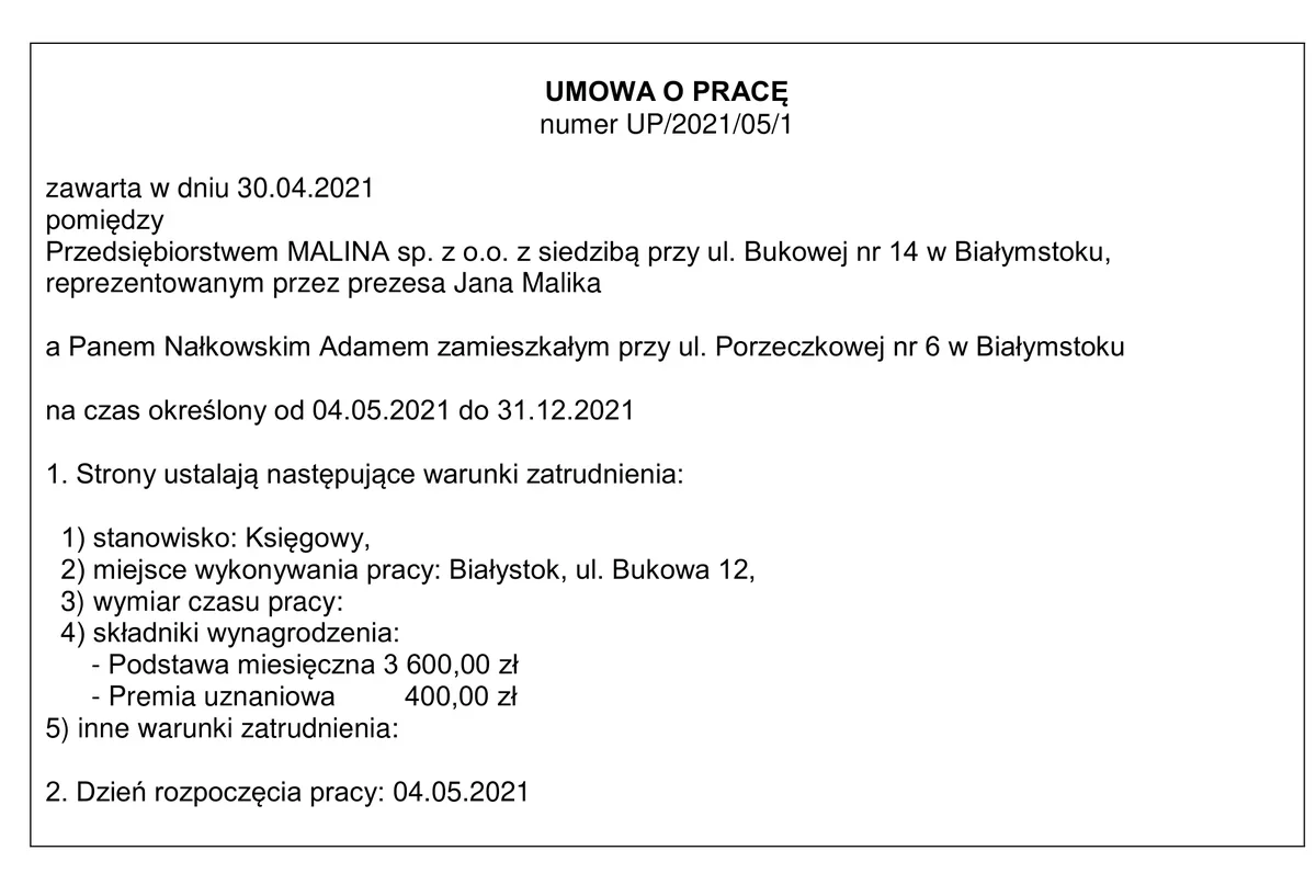 Ilustracja do pytania 1385: Ustal, której informacji brakuje w przedstawionej treści Umowy o pracę na czas…