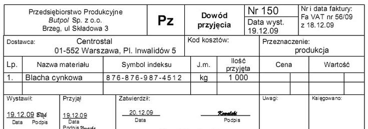 Ilustracja do pytania 142: Spółka zakupiła 1 000 kg blachy cynkowej. Cena ewidencyjna blachy została ustal…