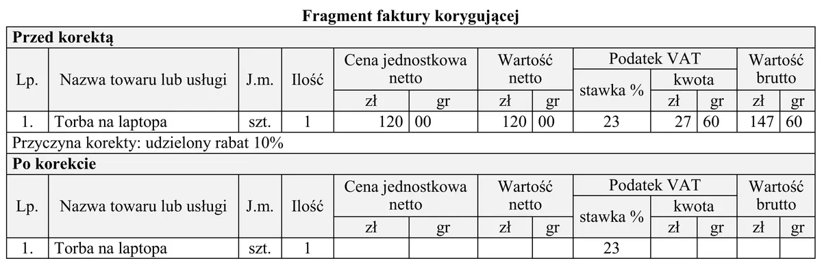 Ilustracja do pytania 420: Na podstawie przedstawionego fragmentu faktury korygującej ustal wartość brutto…